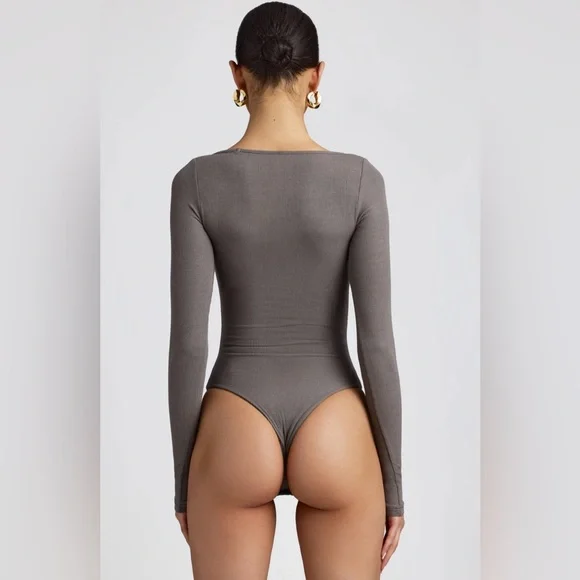 Ribbed Long Sleeve Body Suit in Grey - Picture 2 of 3